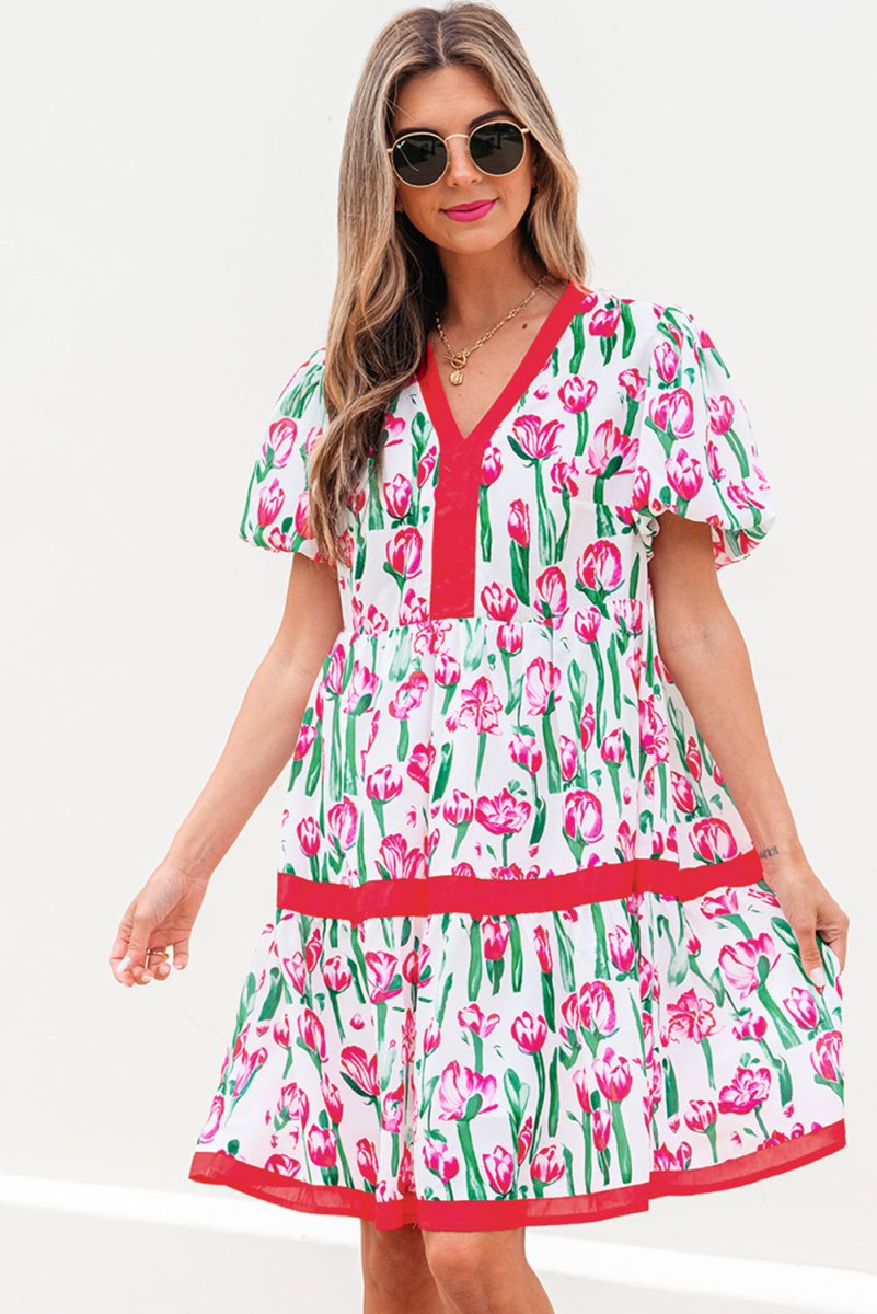 Pink Floral Print Contrast Trim V Neck Bubble Short Sleeve Babydoll Dress - Love Salve